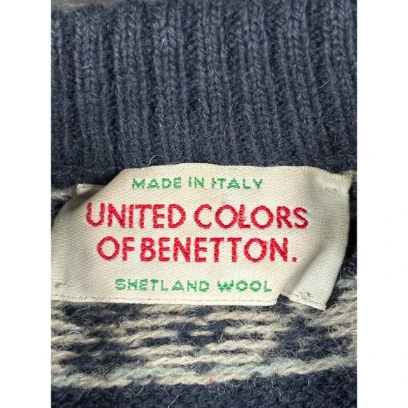 United Colors of Benetton Womens Fair Isle Shetland Wool Sweater Navy Blue Small - Picture 2 of 9